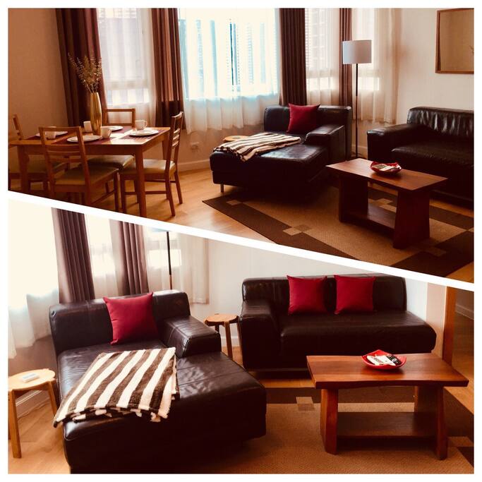 L Shaped couch for relaxation after a long day with Dining area for four.