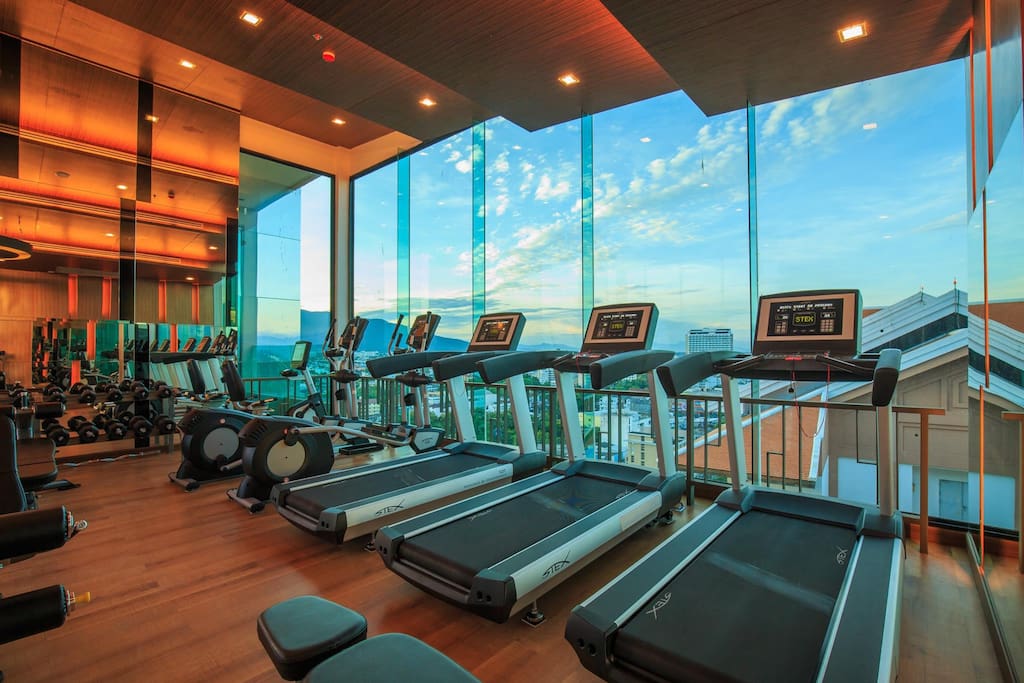 Rooftop Gym with city & mountain view, many Gym instruments are allow for the guest.