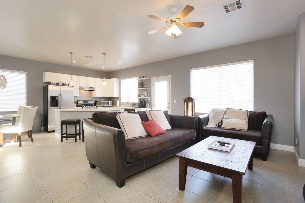 Comfortable couch and loveseat. Big enough for possibly 7 or 8th guest.