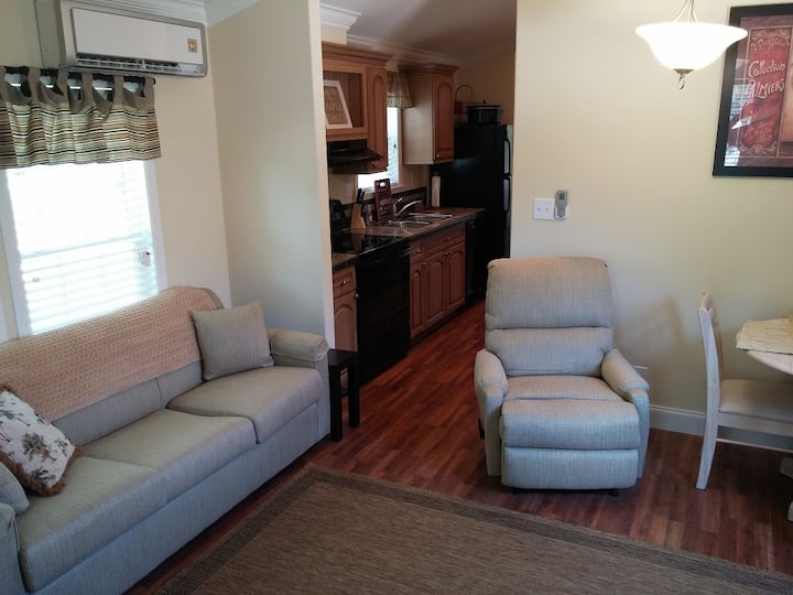 Მისაღები ოთახი, რომელიც სამზარეულოს გადაჰყურებს