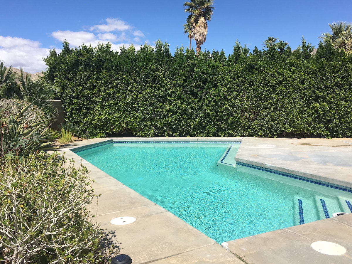 A refreshing private pool is surrounded by lush greenery and desert landscaping. The water is inviting and clear, with a gentle blue hue. Pool steps are located along the side, with a spacious stone deck providing ample room for relaxation.
