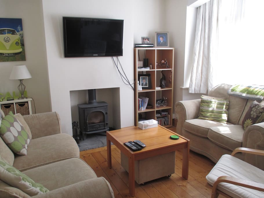 Cosy living room with log burner and TV.