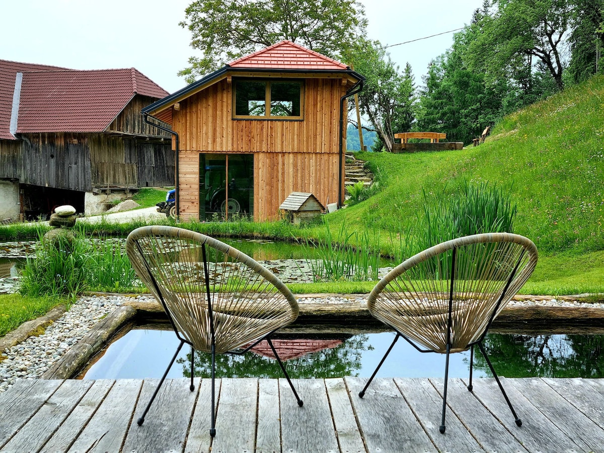 Two rattan chairs are placed on a wooden deck overlooking a natural pond, reflecting the surrounding greenery. A wooden house is visible in the background, featuring large windows that invite natural light, and nearby, a well-maintained grassy area adds to the serene setting.