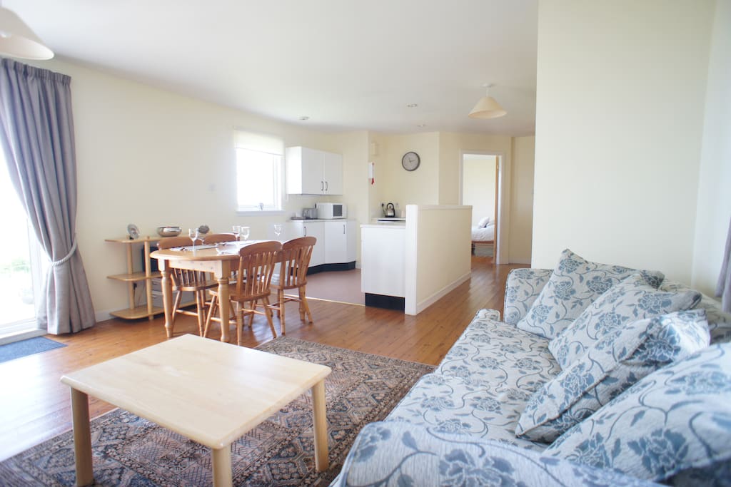 Open plan living room and kitchen with patio doors leading to the garden