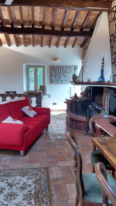 Sala comune con camino e divano letto