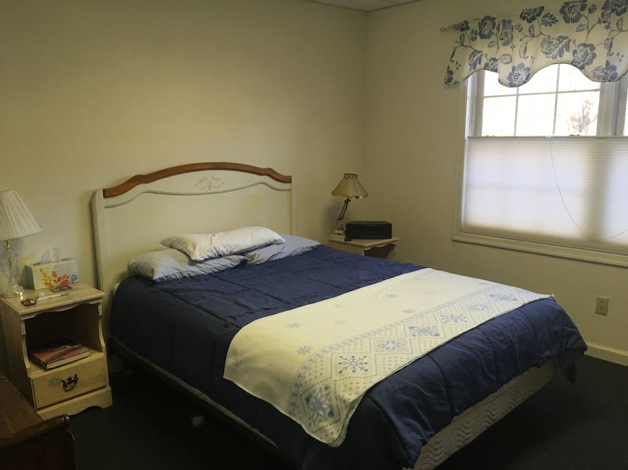 Bedroom with queen bed, dressers, closet, and double windows looking out onto the lovely back yard.