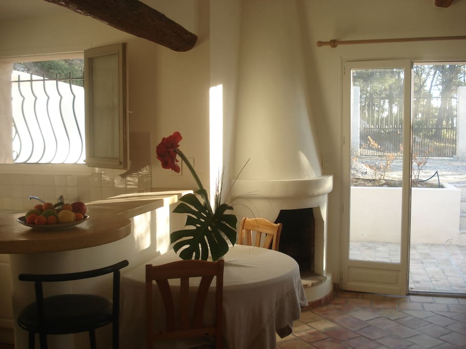 salon avec cheminée donnant sur la terrasse