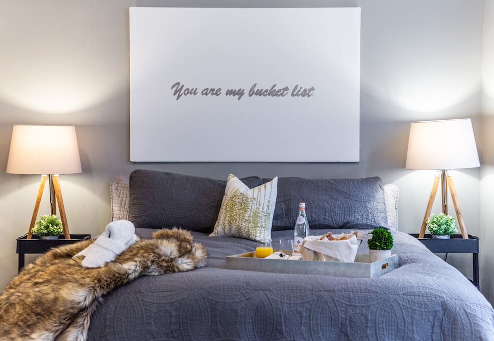 Your King Size Bed complete with mattress topper, duck/goose feather duvet, soft & firm pillows and luxurious sheets.