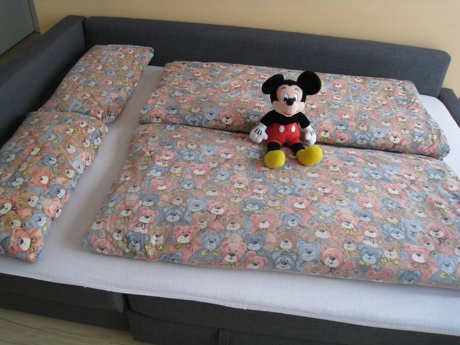 Ausgeklappte Wohnzimmer-Couch wenn mehr als 2 Gäste kommen.