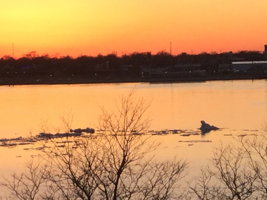 Ice jams in winter as the sun sets