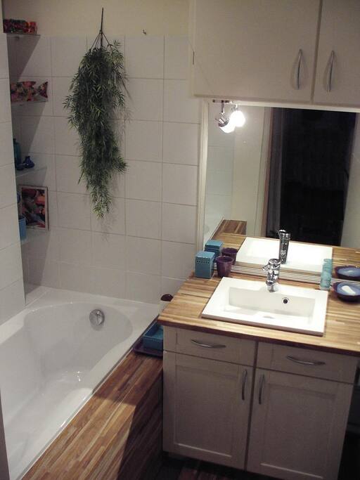 Salle de bains avec baignoire.