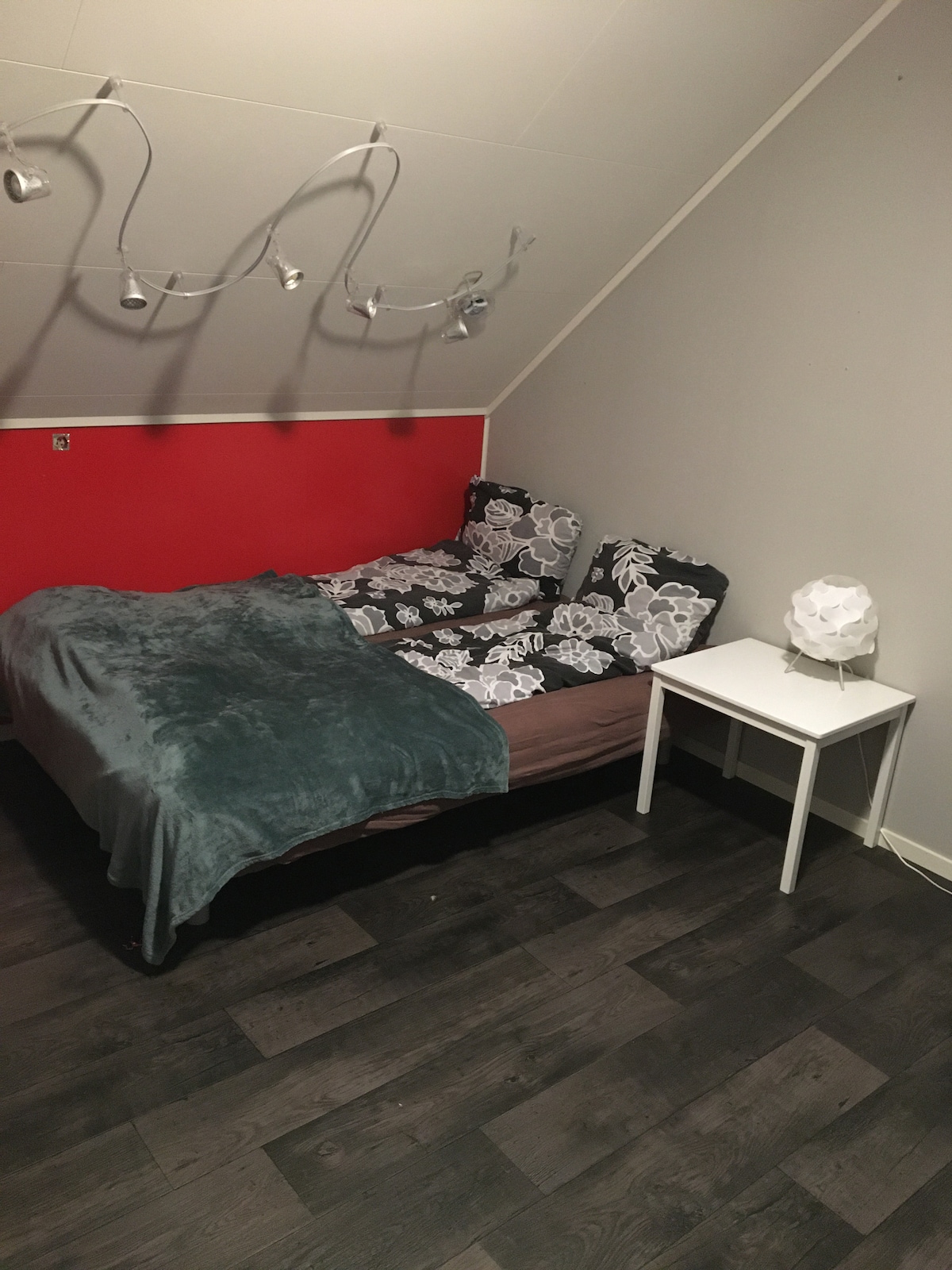 Sofa bed that is easily changed to 1 large double bed.

Plenty of room for an extra bed if needed.

All bedding and duvets are in one closet on the opposite side of the room.
