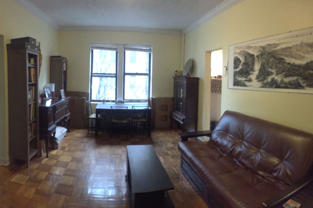 Living Room with full size futon bed, lots of light!