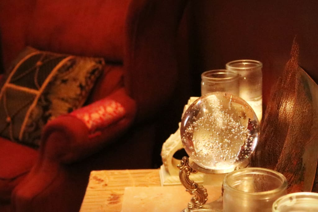 The always-changing altar, typically supplied with with votive candles & incense for your witchy convenience.