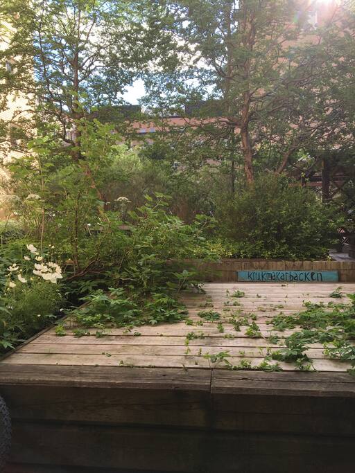 Utsikten från sittplatserna på terassen. Gäster har självklart tillgång till övriga innergården där det finns gott om utrymme för både barn och vuxna.