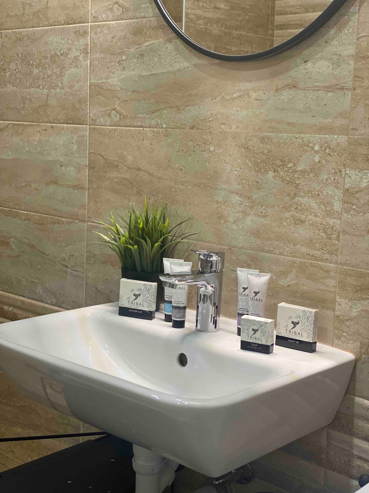 The bathroom sink area is presented in a modern style, featuring a round mirror above a white basin. Various toiletries are neatly arranged beside a small green plant, adding a touch of freshness to the neutral-toned, textured wall.