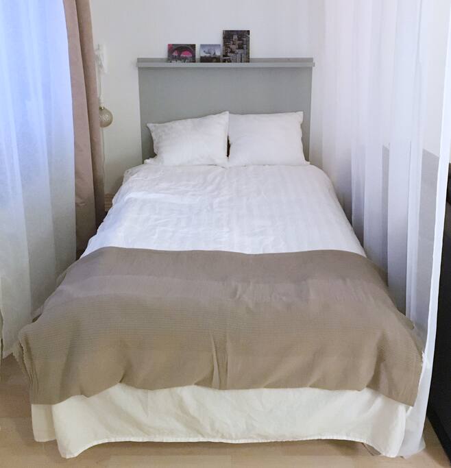 Bed, 120 cm. OK for two persons.