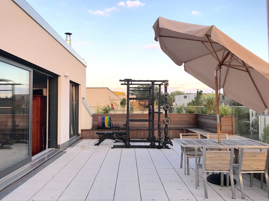 terrace with gas bbq, outdoor gym & veggie garden