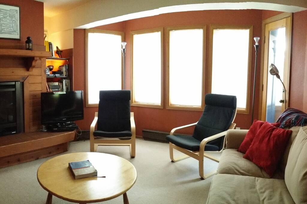 Living area, tv, bluray, fireplace.