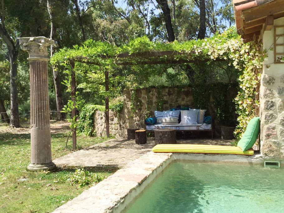 Piscina y porche verano