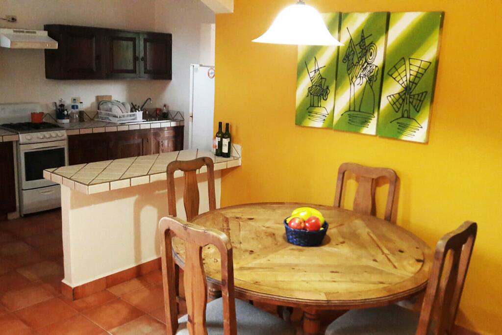 Functional and fully equipped kitchen (w/ fridge)
+ Dinning area