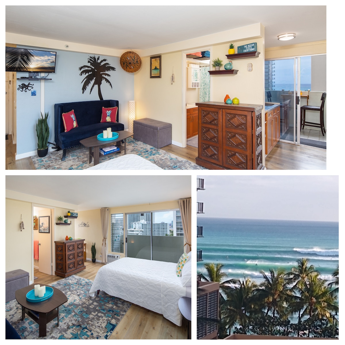 The corner unit features a light-filled living space with neutral decor and a welcoming seating area. A large window offers ocean views, while a kitchenette is visible in the background. A stylish area rug complements the wooden furnishings, creating a comfortable environment.
