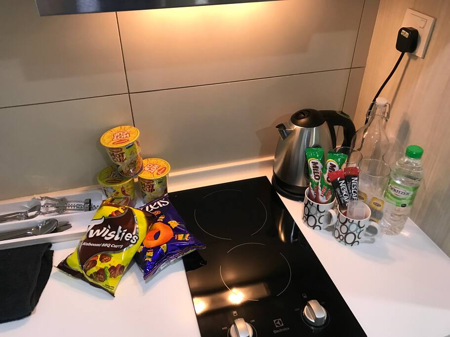Coffee/Tea/Milo for refreshment. Feel free to go for a pack of Twisties..