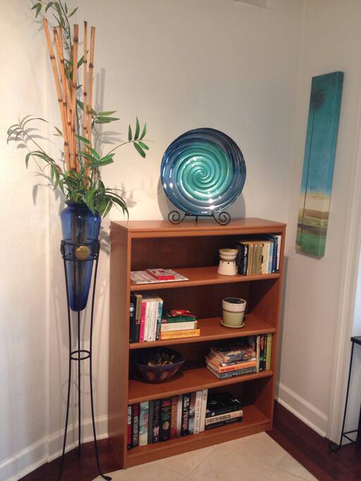 A selection of books for your reading pleasure. There's a coloring book and pencils, too!