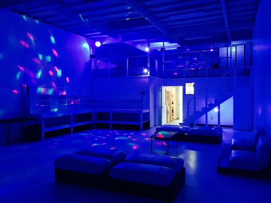 PARTY AREA 1300SF AND MEZZANINE - BLUE LIGHTS AND STROBE LIGHTS ON