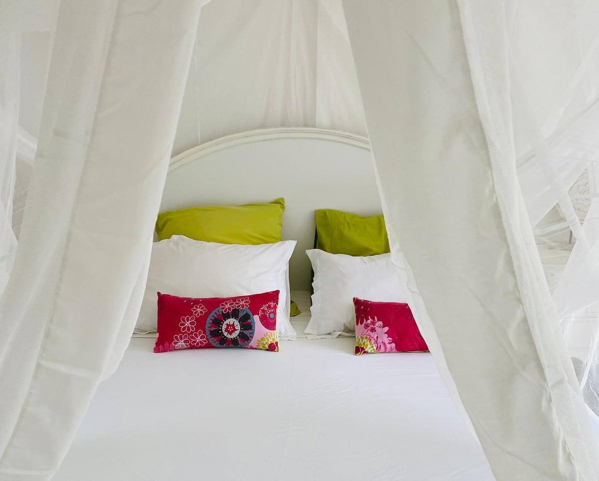 A spacious bed is draped with a delicate mosquito net, creating an intimate and serene sleeping area. Colorful pillows in shades of green and vibrant red are arranged against crisp white linens, inviting a restful night's sleep.