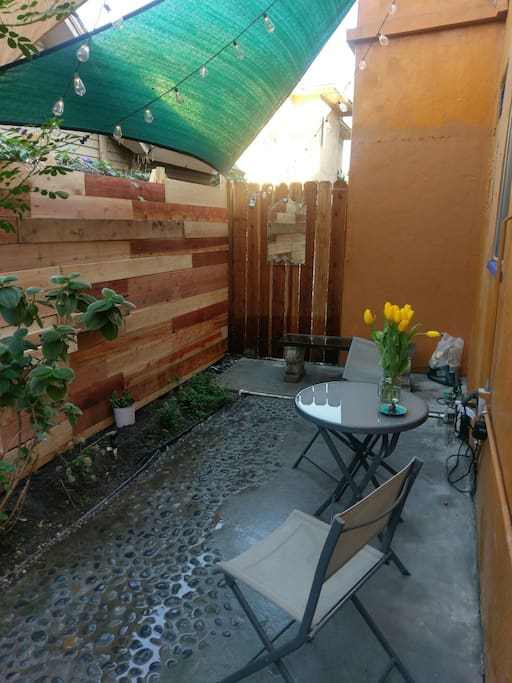 Outdoor seating area with power outlets for working outside