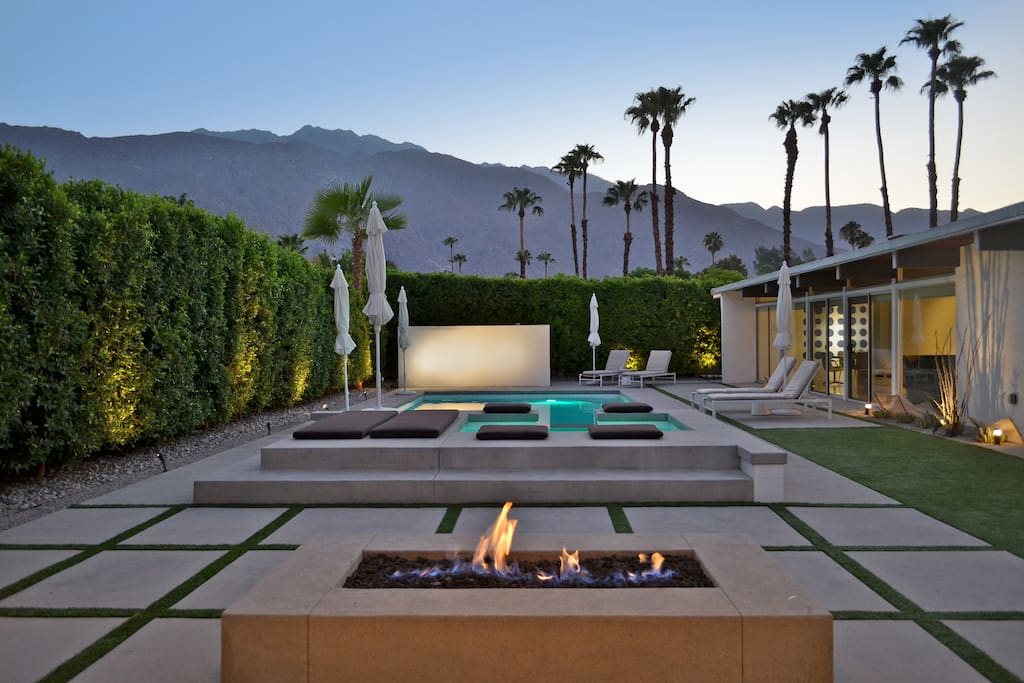 View from Pavilion across the fire pit, spa and pool to the mountains