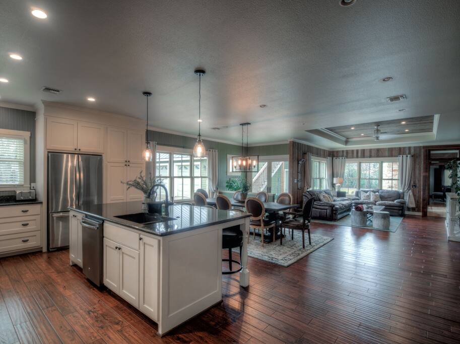 Open concept kitchen, dining, and living space