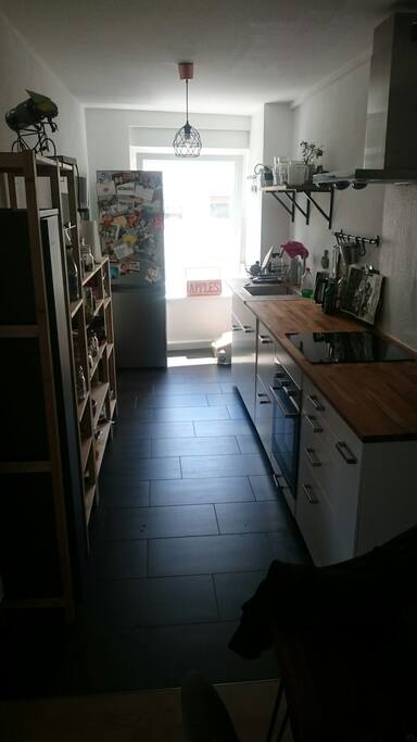Küchenzeile mit Backofen und Induktionsherd, Wasserkocher, Espressokocher, Kühlschrank mit großem Eisfach