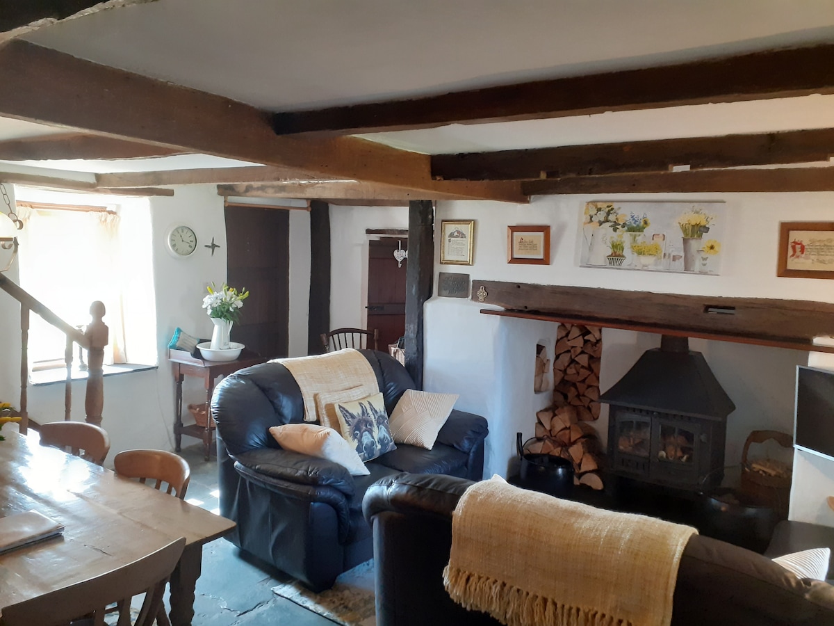 An inviting sitting area features exposed wooden beams and a solid fuel stove. Comfortable leather seating is arranged around the stove, complemented by a wooden dining table and chairs. Decor includes tasteful artwork and a stack of firewood adds a rustic touch.