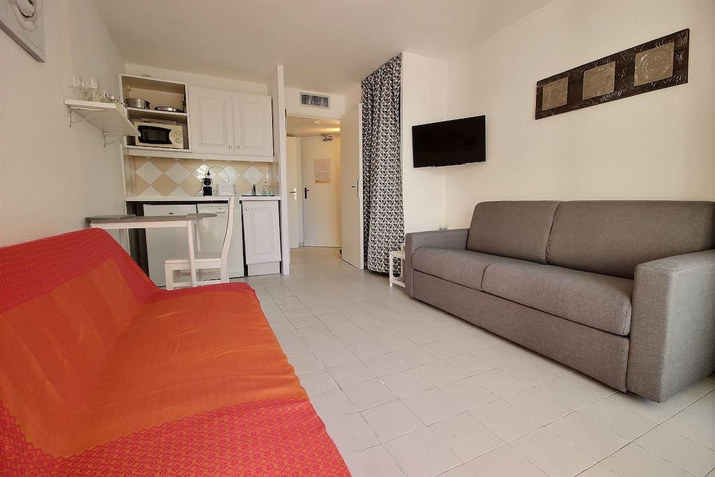 Sejour avec un canapé lit très confortable RAPIDO +TV