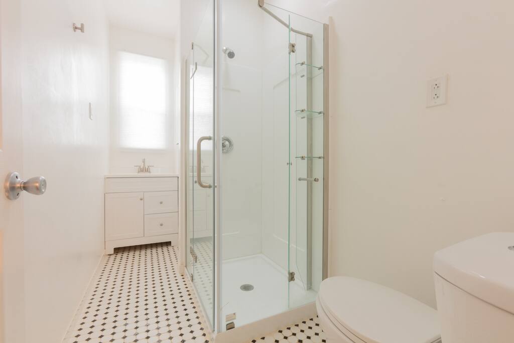 Remodeled bathroom with plenty of natural light and privacy.