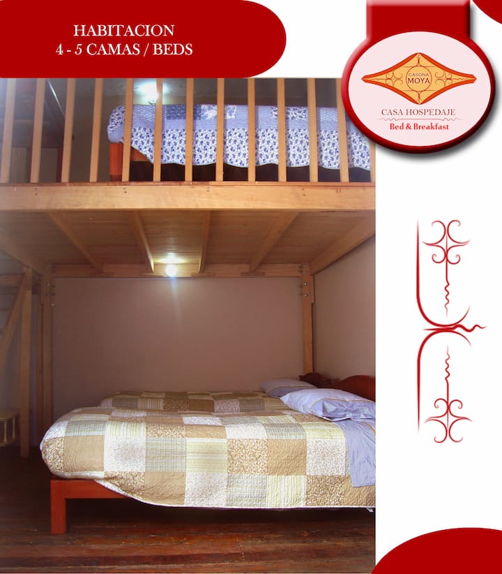 Habitación de 4 a 5 camas; el precio incluye el desayuno y el traslado del aeropuerto al Hospedaje. Cada cama es de plaza y media, colchon Rosen, sábanas de algodón; el piso de la habitación es de pino oregon, al igual que las puertas. Los servicios higiénicos y ducha es de uso exclusivo de la habitación (no se comparte). La habitación puede ser bloqueada desde una reserva de 03 camas.