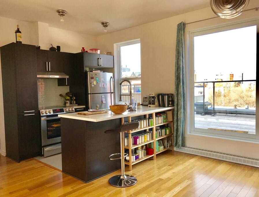 the kitchen with all appliances and our tea collection