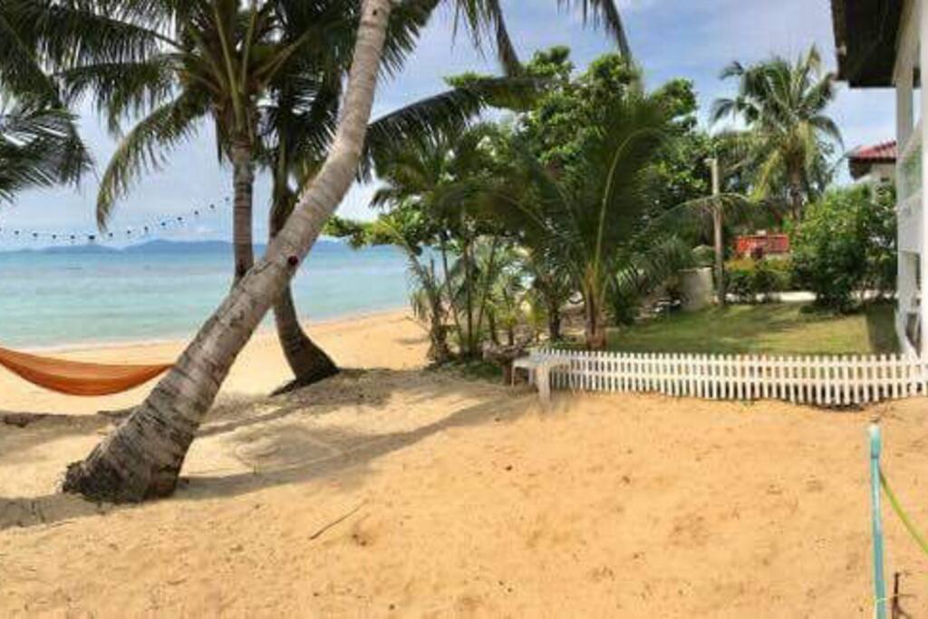 Private beach garden with sand area and grass area, hammock and solar string lights.