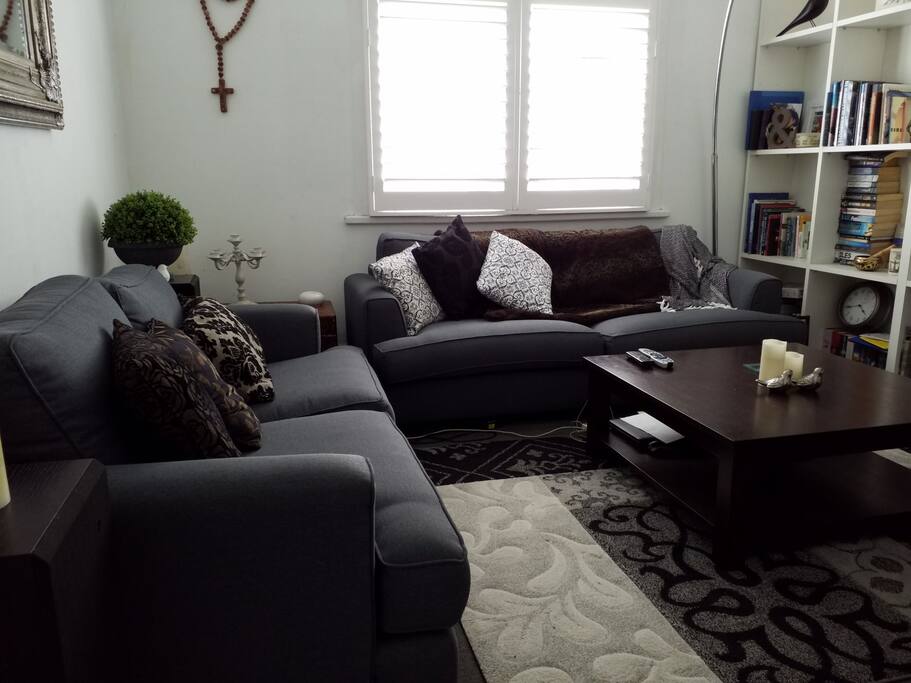 your own private lounge area with large t.v. comfy couches , WiFi, sky
