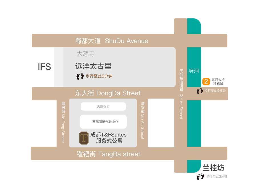 步行至太古里5分钟;步行至兰桂坊3分钟;步行至地铁二号线5分钟。住在T&Fsuites再也不用为交通和找不到路尔烦恼