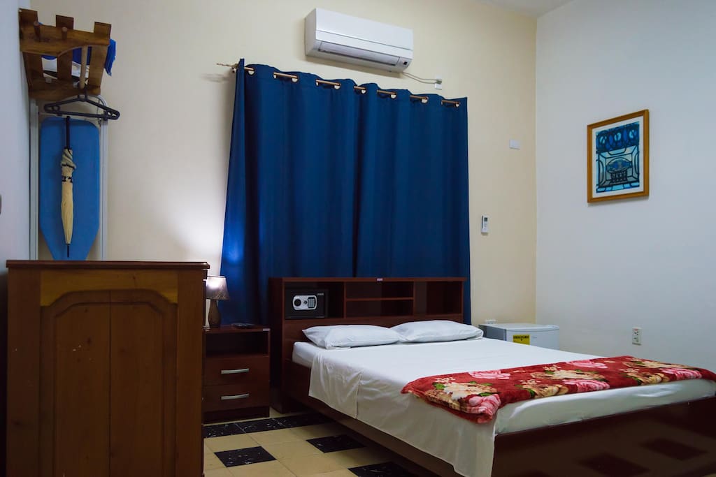 Room 1, double bed, air conditioner, hangers, minibar