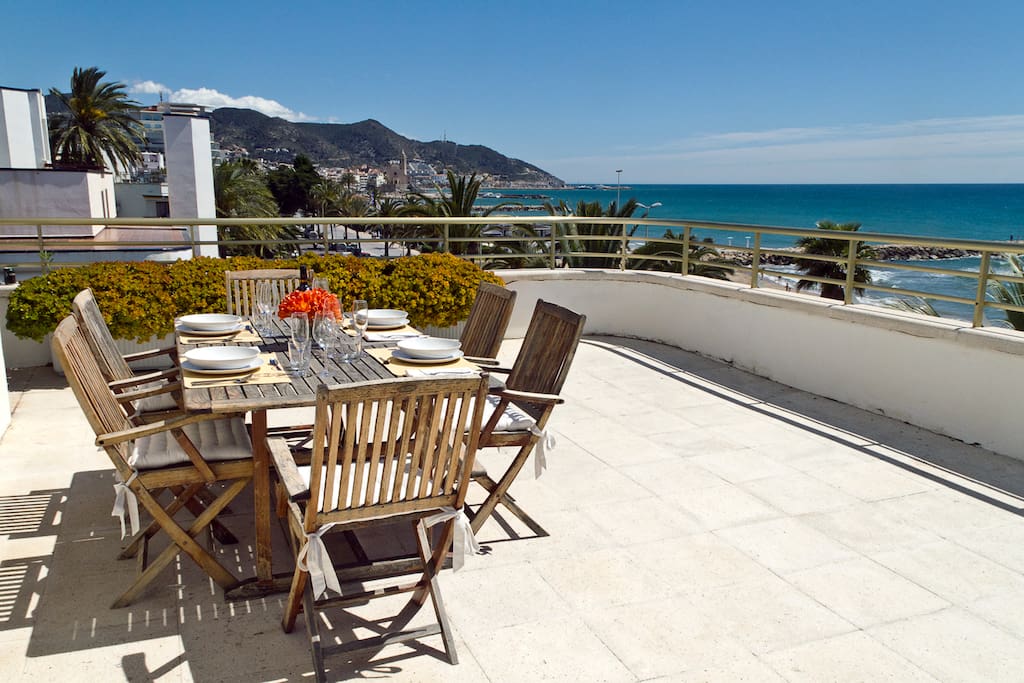 Outdoor Dining Table on Sea View Terrace with spectacular views of the sea and Sitges town