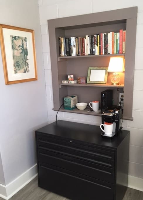 coffee bar + bookcase in bedroom