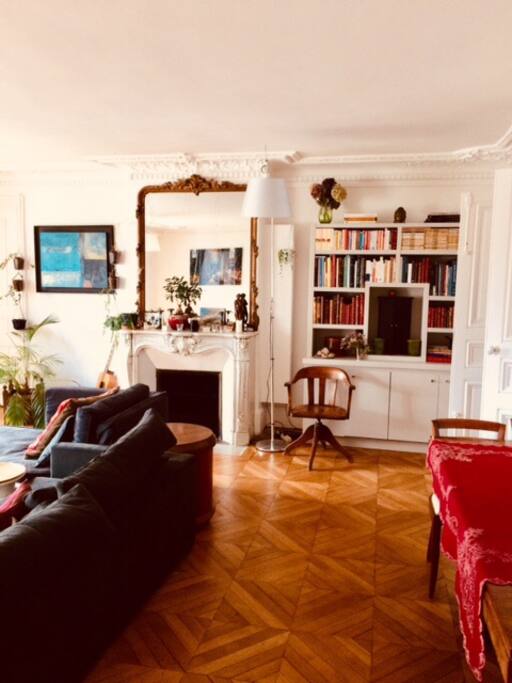 Grand salon 50m2. 2 fenêtres vue sur le Louvre et la Seine au fond