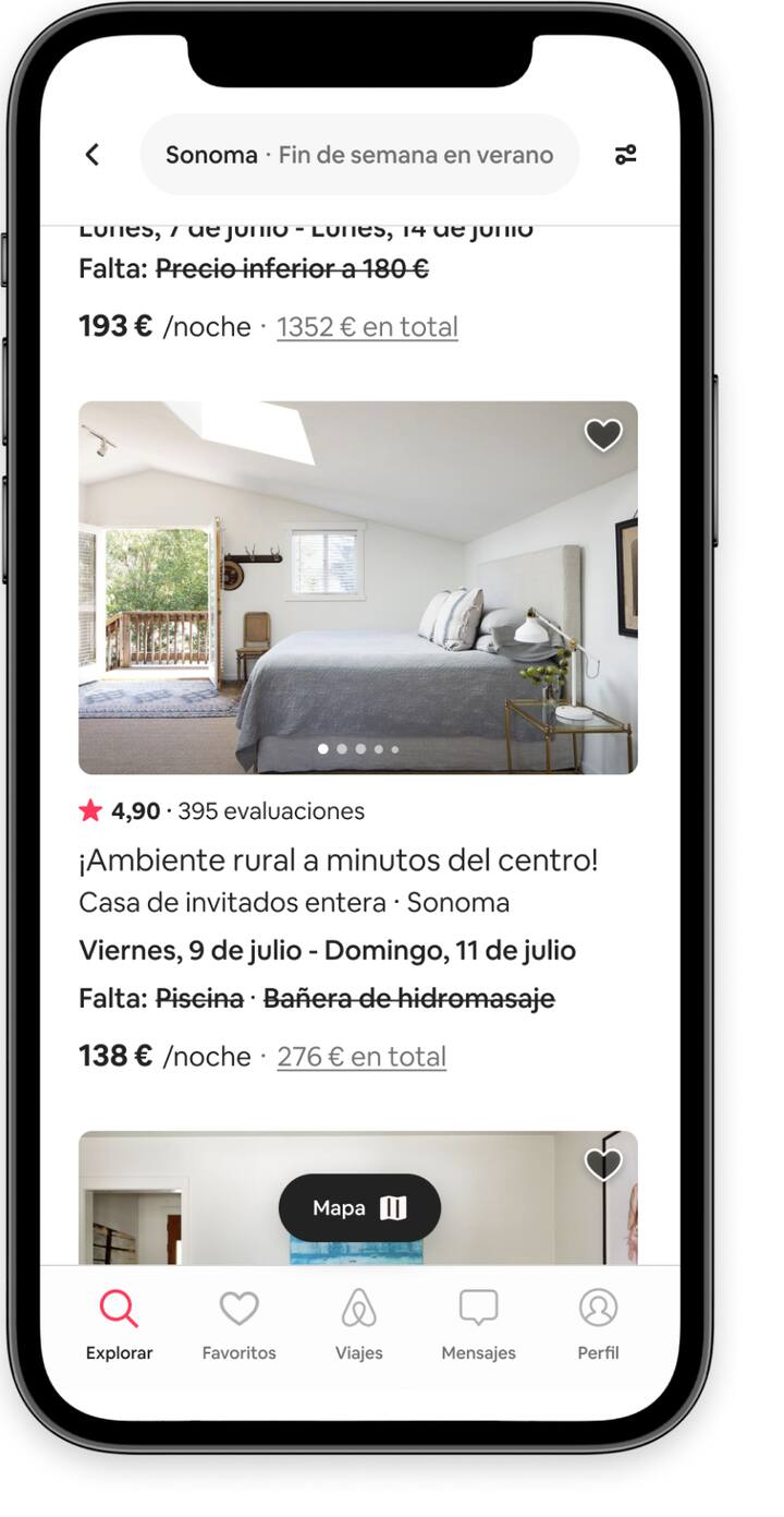 Anuncios de alojamientos que no cumplen con uno o dos filtros de búsqueda en la aplicación de Airbnb.