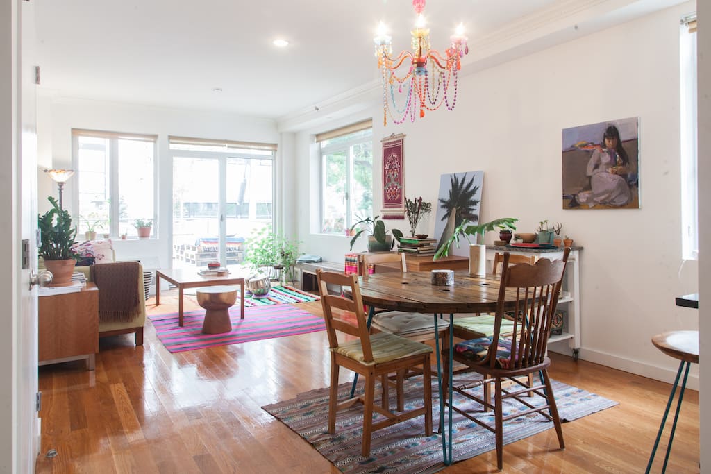 Dining table and living room.