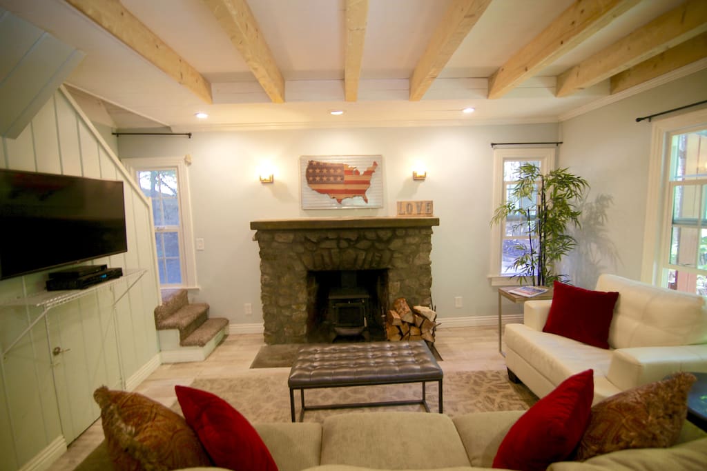 Living room with wood burning stove and flat screen TV
