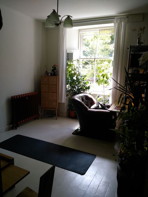 Armchair, yoga mat, floor table. Please note that there is no sofa!